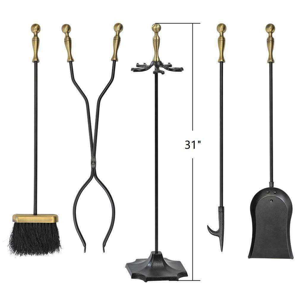 Amagabeli 5 Pieces Fireplace Tools Set Indoor Wrought Iron Fire Pit Tongs Holder
