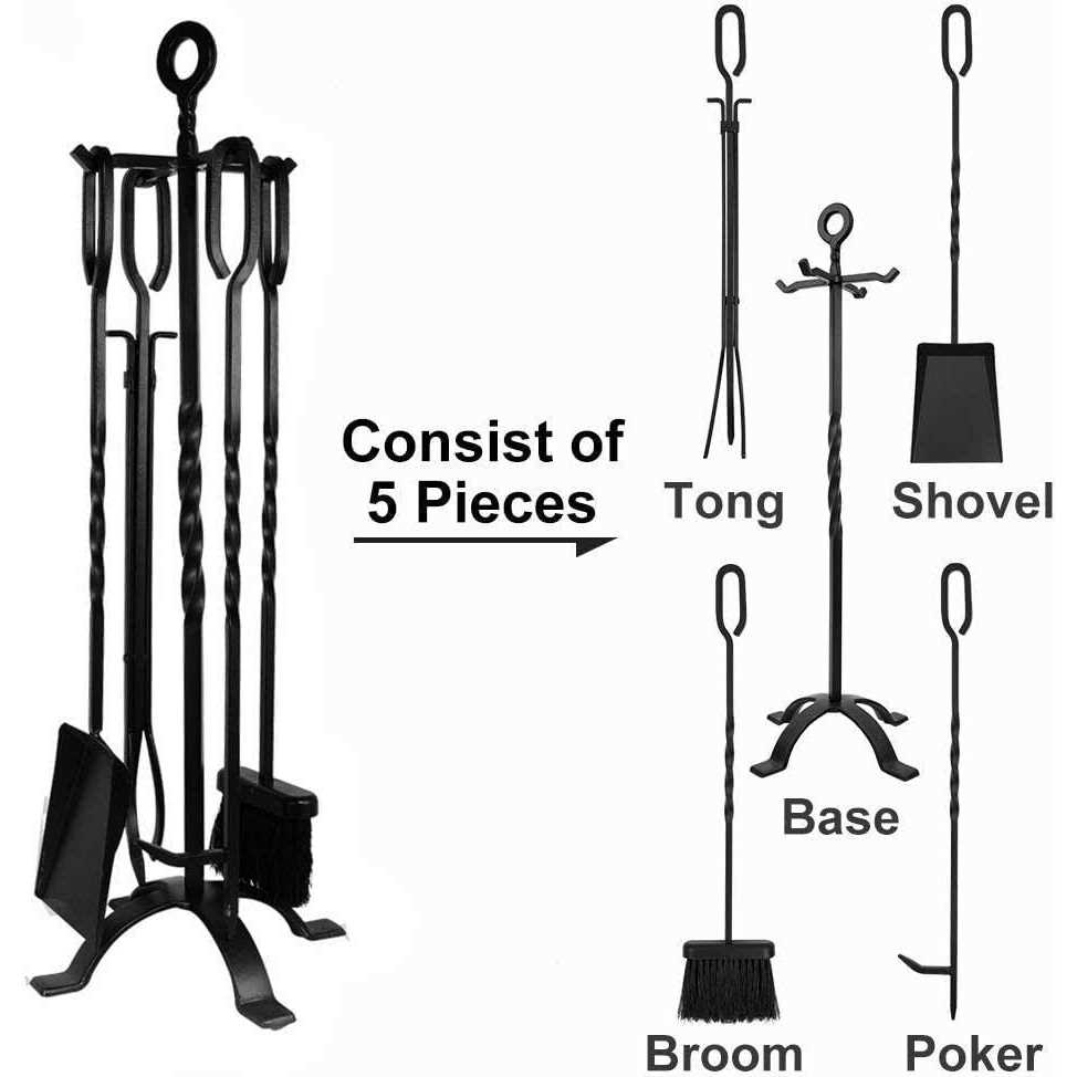 Amagabeli 5 Pieces Fireplace Tools Set Indoor Wrought Iron Fire Pit Tongs Holder