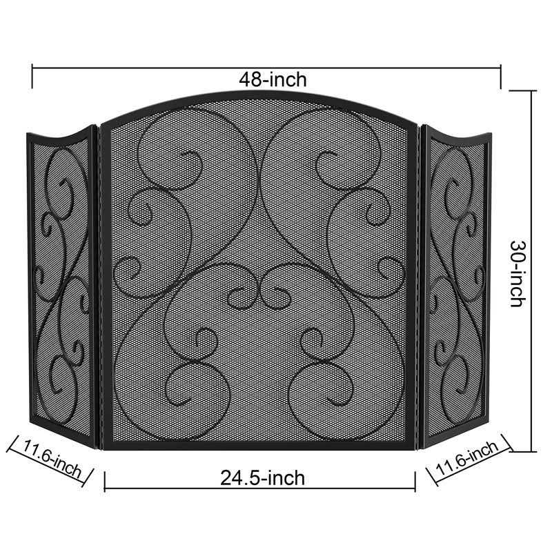Fire Beauty Fireplace Screen 3 Panel Wrought Iron Black Metal 48 x30 Spark Guard Cover