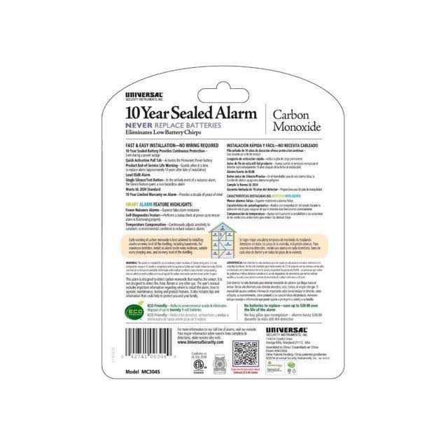 Universal Security Instruments Carbon Monoxide Smart Alarm with 10 Year Sealed Battery MC304SB