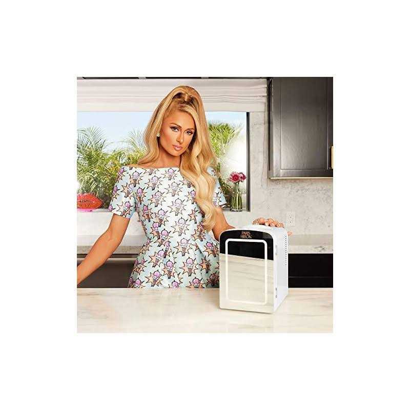 Paris Hilton Mini Refrigerator and Personal Beauty Fridge, Mirrored Door with Dimmable LED Light, Thermoelectric Cooling and Warming Function