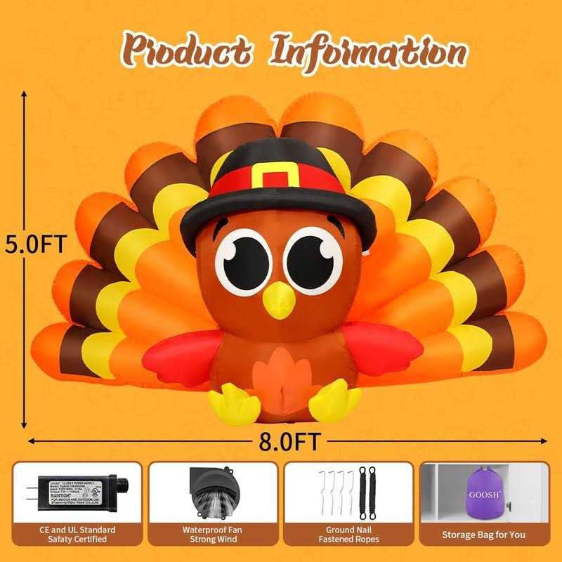 GOOSH 8 FT Long Thanksgiving Iatables Turkeys Outdoor Decorations Blow Up Yard Big Tail Turkey Baby with Pilgrim Hat with Built-in LEDs
