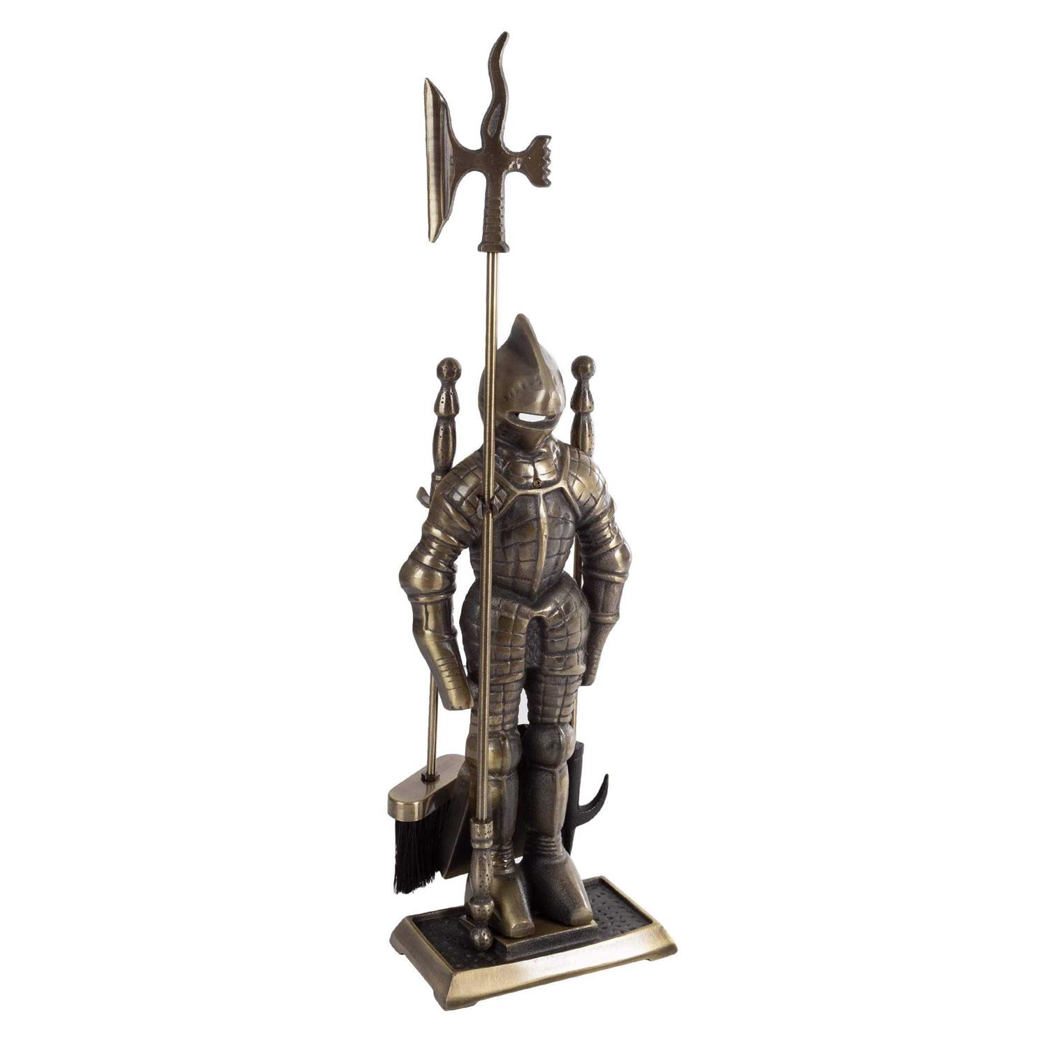 Lavish Home 3-piece Fireplace Set-Medieval Knight Cast Iron Statue Holds Heavy D