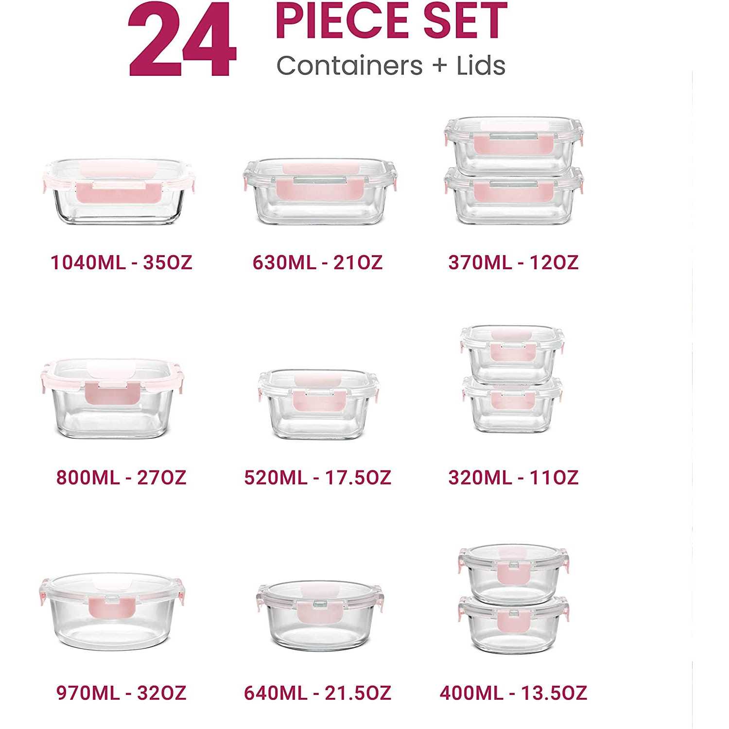 FineDine 24-piece Superior Glass Food Storage Containers Set Newly Innovated Hinged BPA-free Locking lids