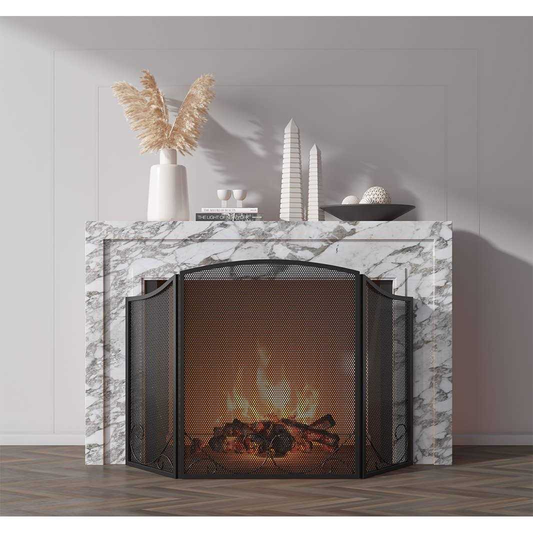 Lizh Metalwork 3-Panel Black Wrought Iron Modern Minimalist Design Fireplace Screen,48 x 29 Spark Guard with Scrolling Design,Decorative