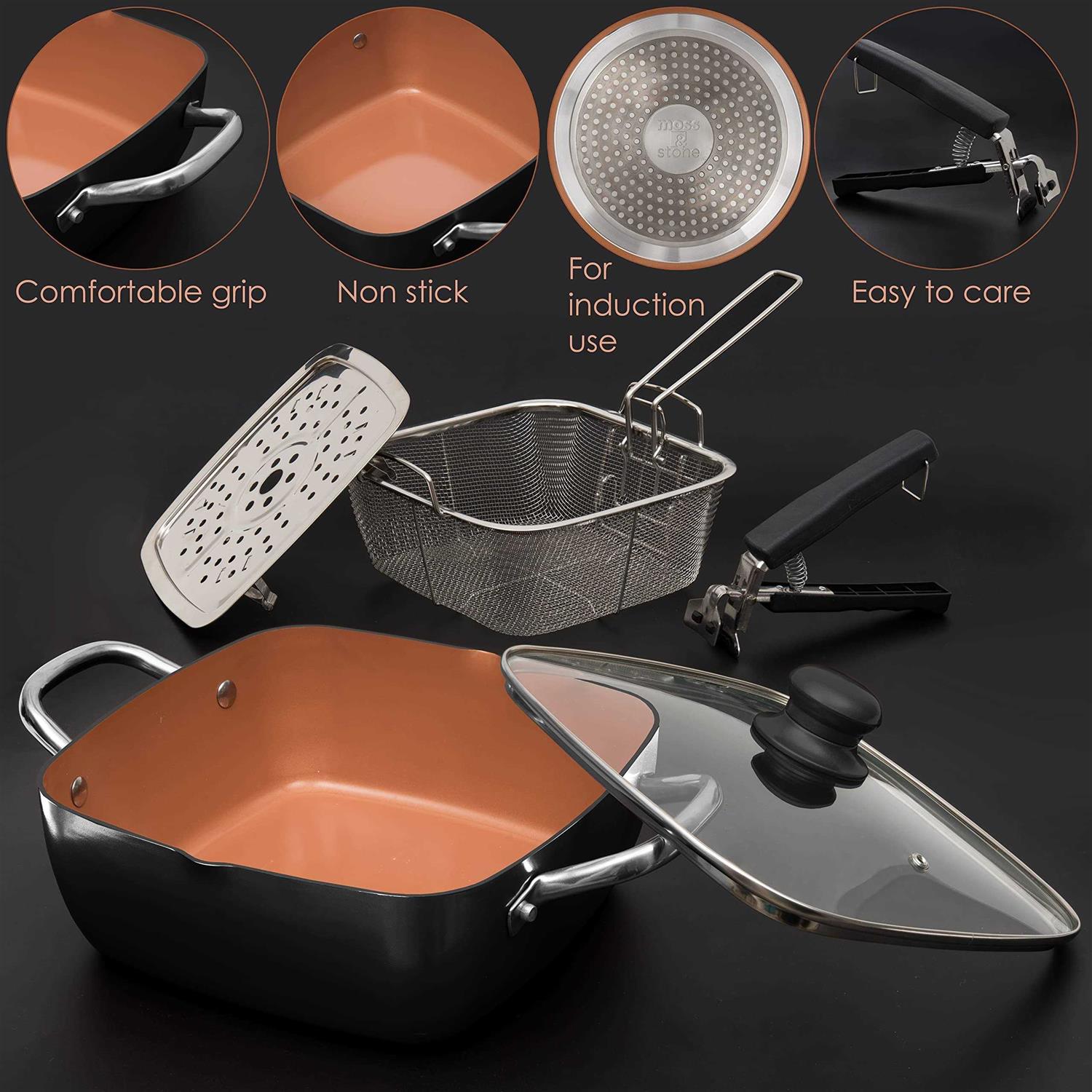 Moss & Stone Copper 5 Piece Set Chef Cookware Non Stick Pan Deep Square Pan