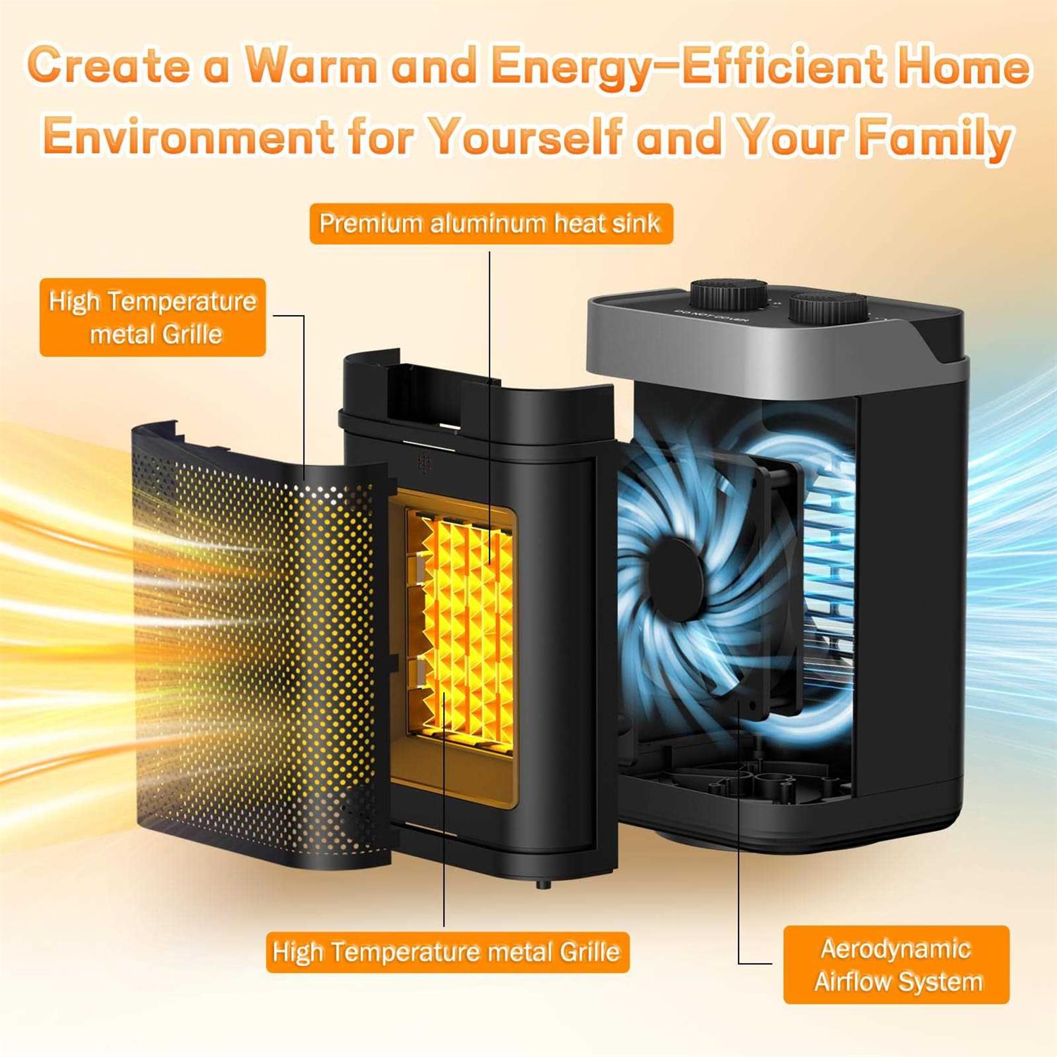 Space Heater 1500W Portable Heater 60°Oscillating Electric Heater for Bedroom Office Indoor Use