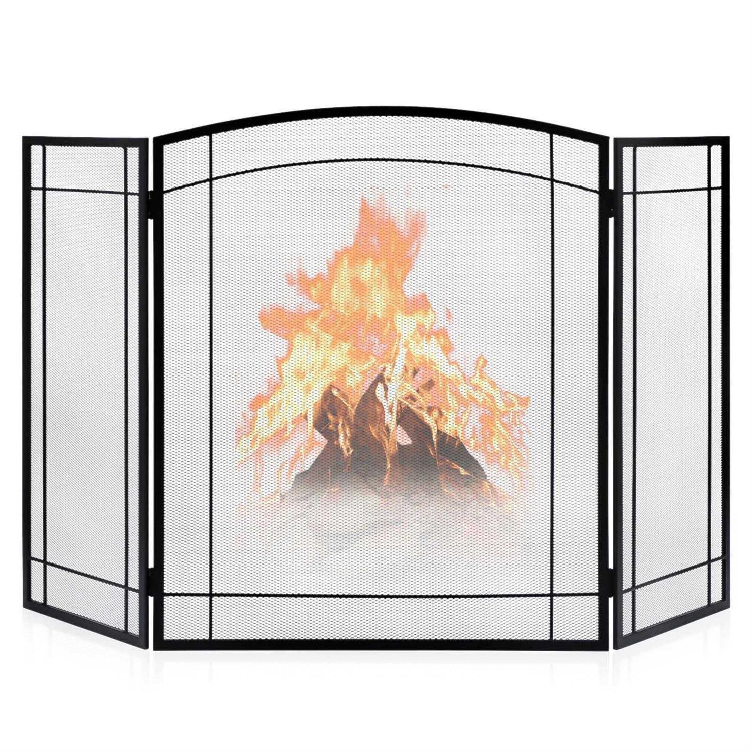 Feed Garden 3 Panel Fireplace Screen 48 W x 29 H Modern Foldable with Wrought Metal Decorative Mesh,Arch Heavy Duty Fire Spark Guard Cover