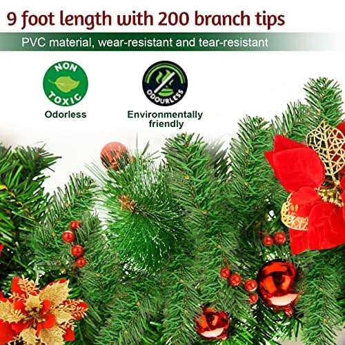 Christmas Garland with Lights 9FT Pre-Lit Artificial Christmas Green Garland for Stair Decorations with Spruce
