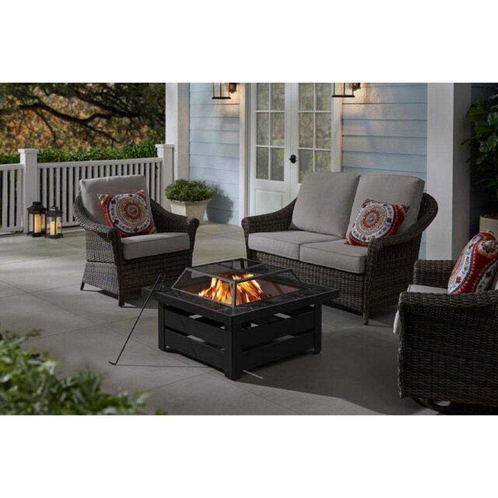 Hampton Bay Stoneham 34 in. x 15.5 in. Square Steel Wood Fire Pit with Tile Top