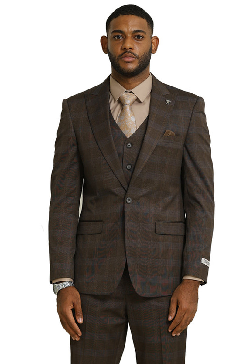Men’s Stacy Adams One Button Vested Peak Lapel Suit in Brown Glen Plaid