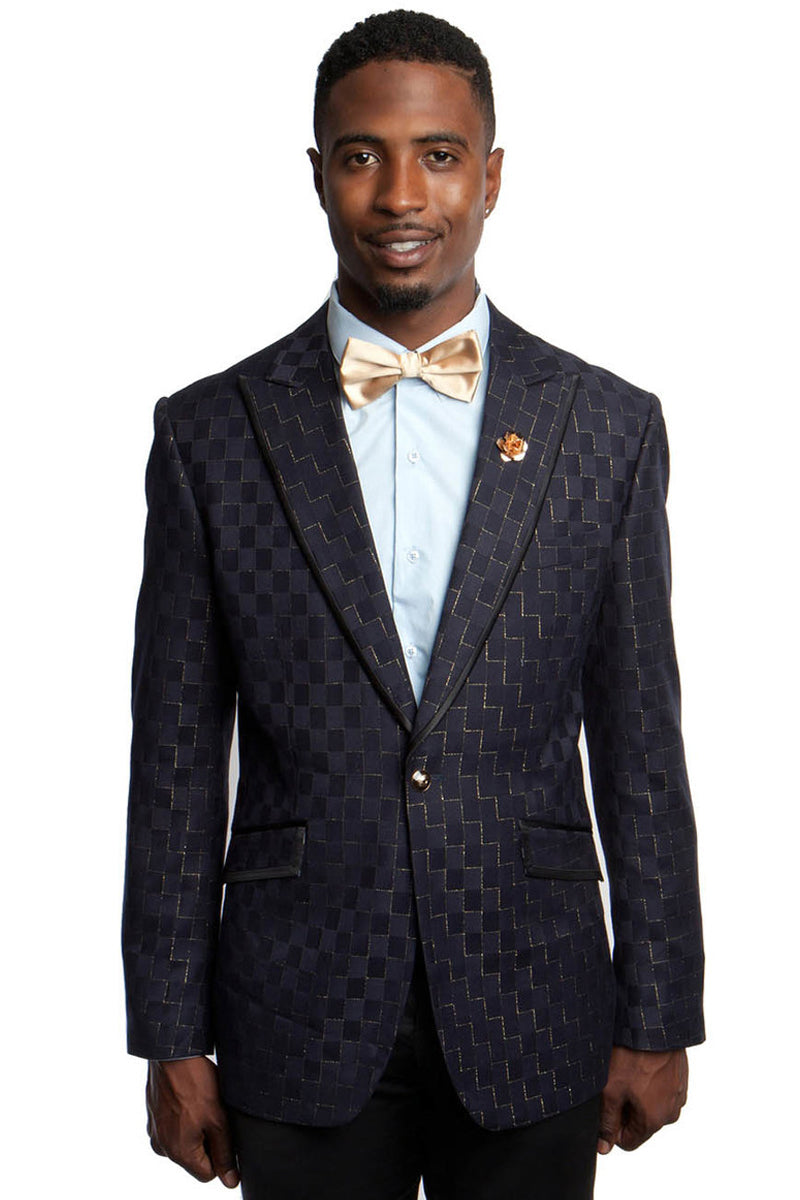 Men’s One Button Peak Lapel Navy & Gold Square Print Blazer
