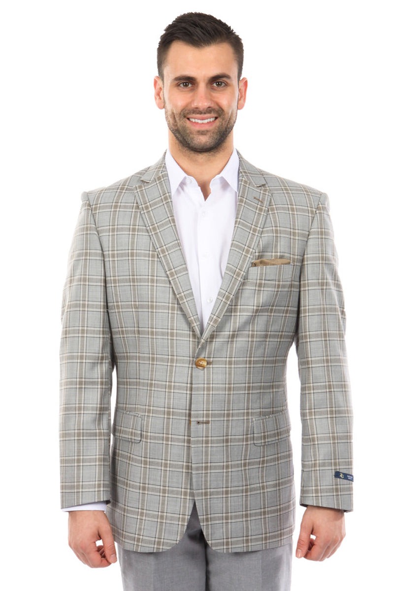 Men’s Two Button Windowpane Plaid Sport Coat in Grey & Khaki