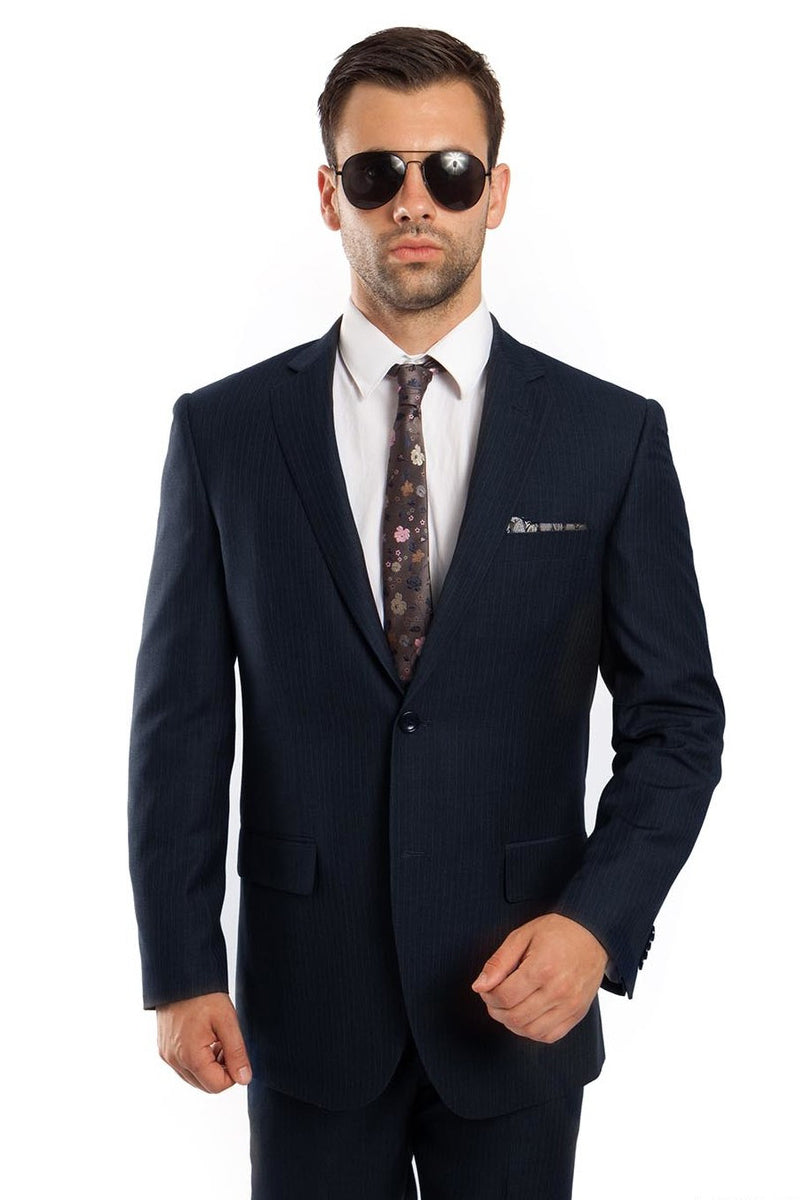 Men’s Two Button Regular Fit Micro Pinstripe Business Suit in Navy Blue
