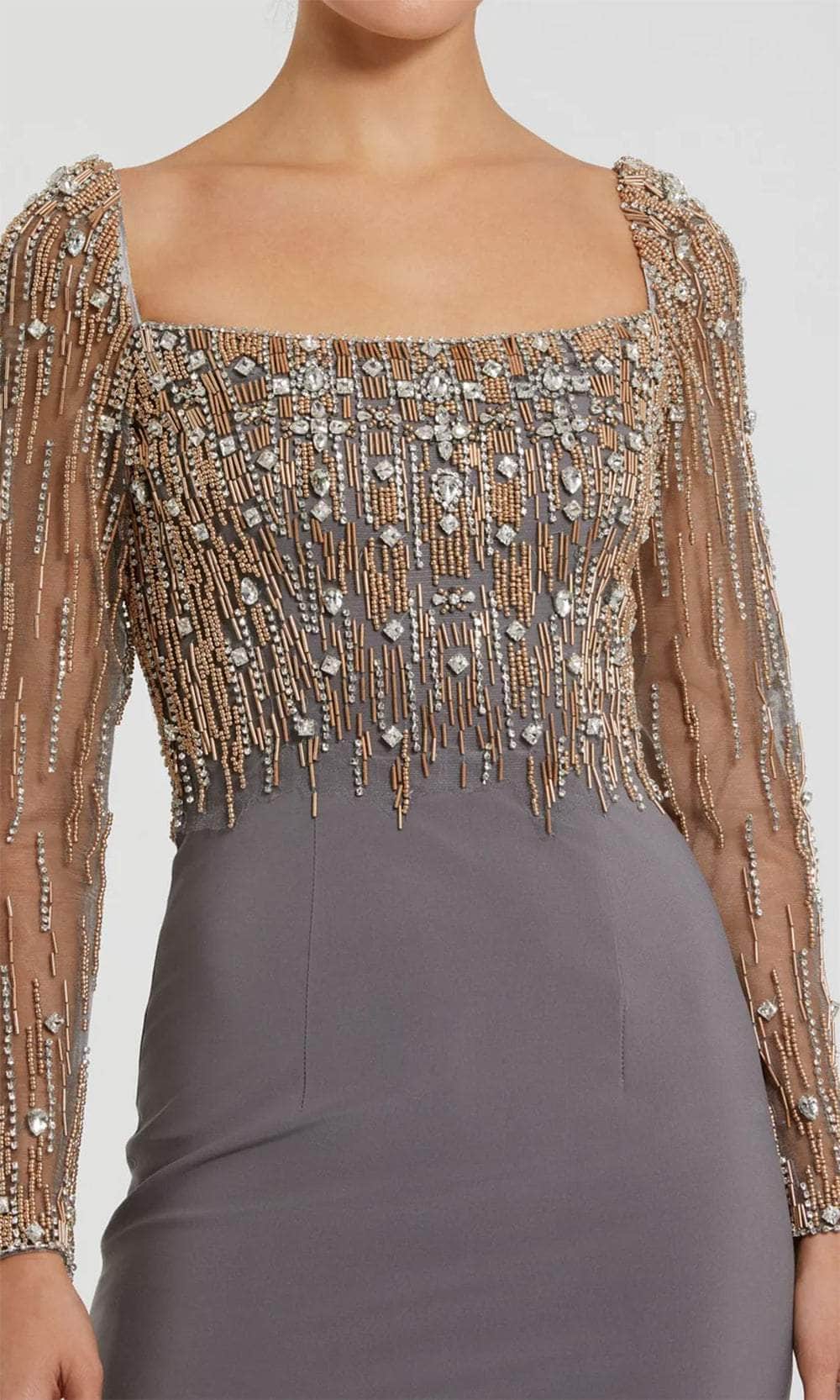Sheer Sleeve Beaded Top Evening Dress
