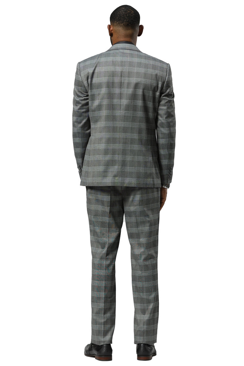 Men’s Stacy Adams One Button Vested Peak Lapel Suit in Grey Glen Plaid