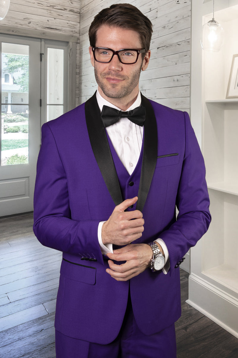 Men’s Designer Wool One Button Shawl Lapel Wedding Tuxedo in Purple