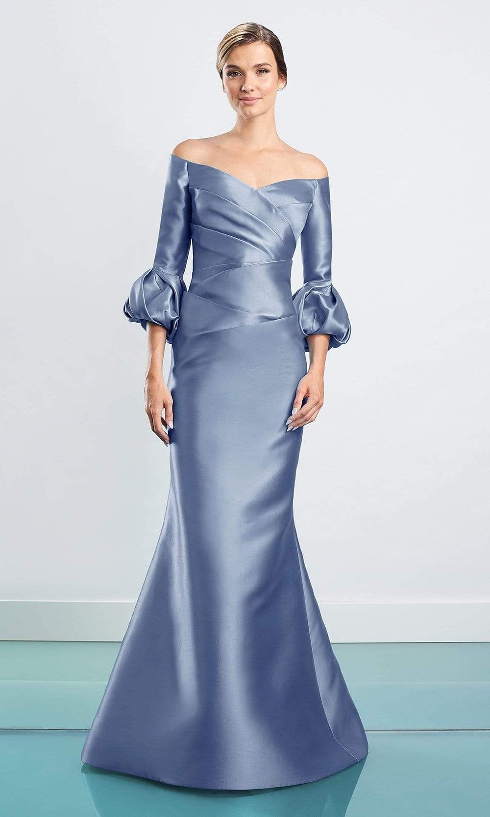 1465 Off Shoulder Faux Wrap Trumpet Gown