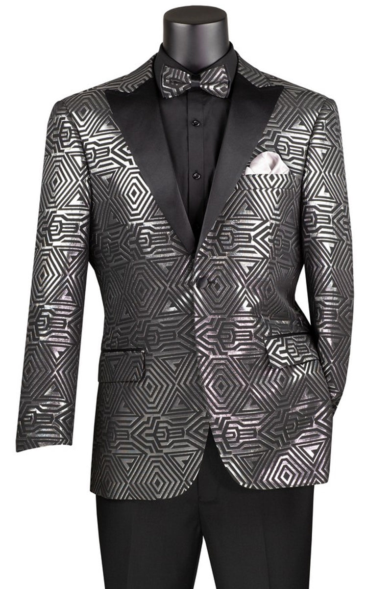 Men’s Modern Fit Peak Lapel Tuxedo Jacket in Silver Geometric Print