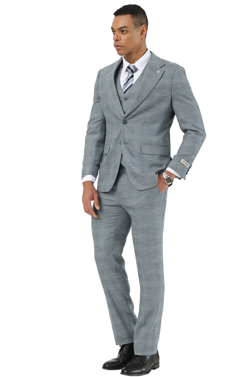 Men’s Stacy Adams Vested Sharkskin Pattern Business Suit in Light Grey