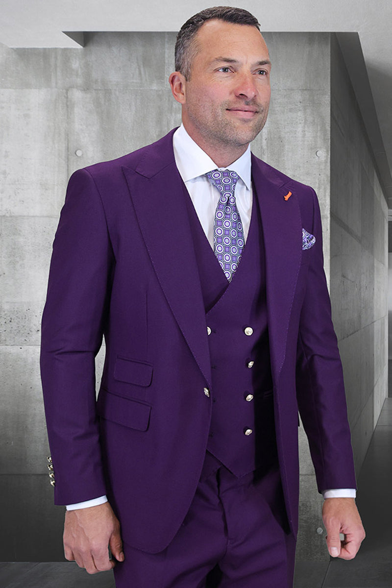 Men’s Designer Wool Vested One Button Peak Lapel Suit in Purple Plum with Gold Buttons
