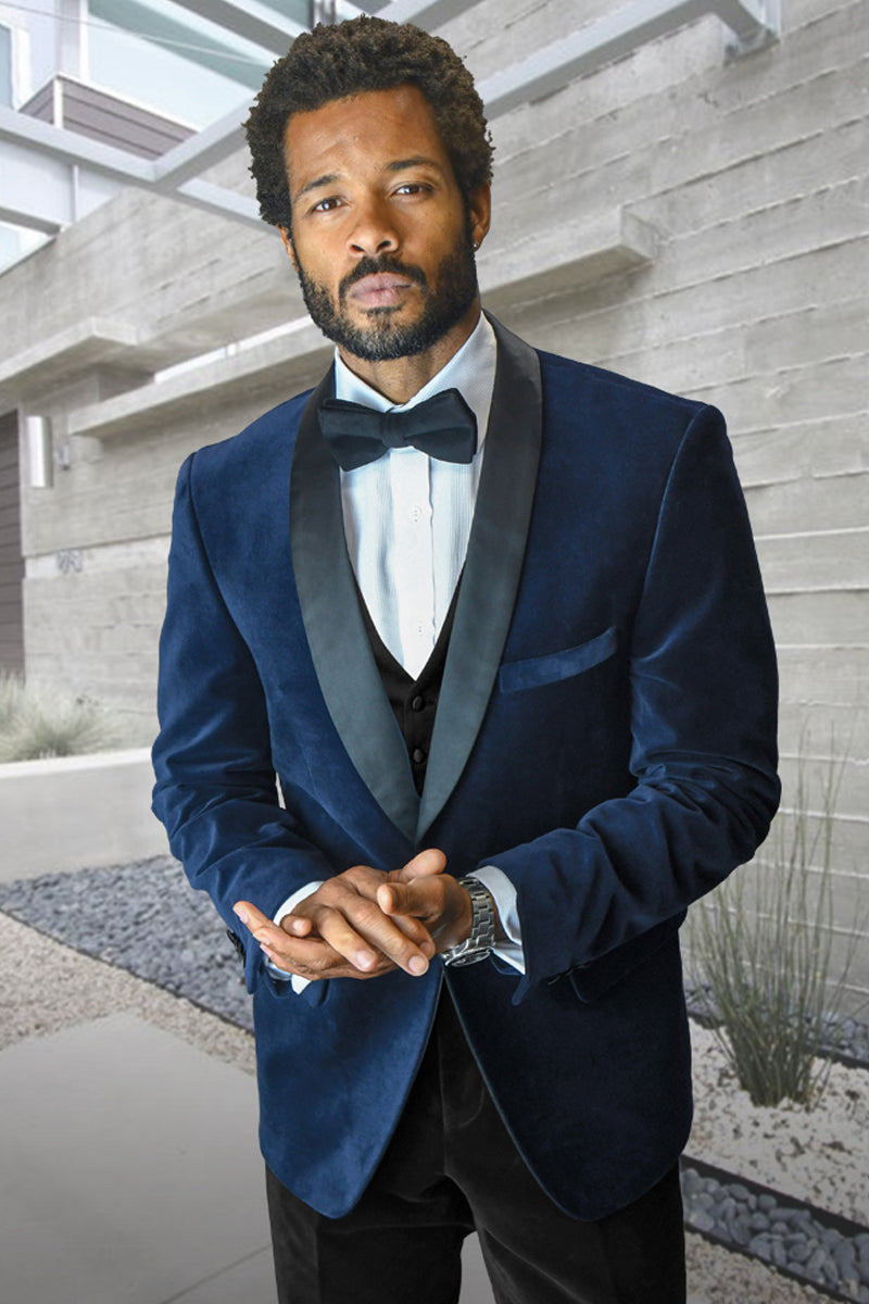 Men’s Designer Vested Velvet Wedding & Prom Tuxed in Navy Blue