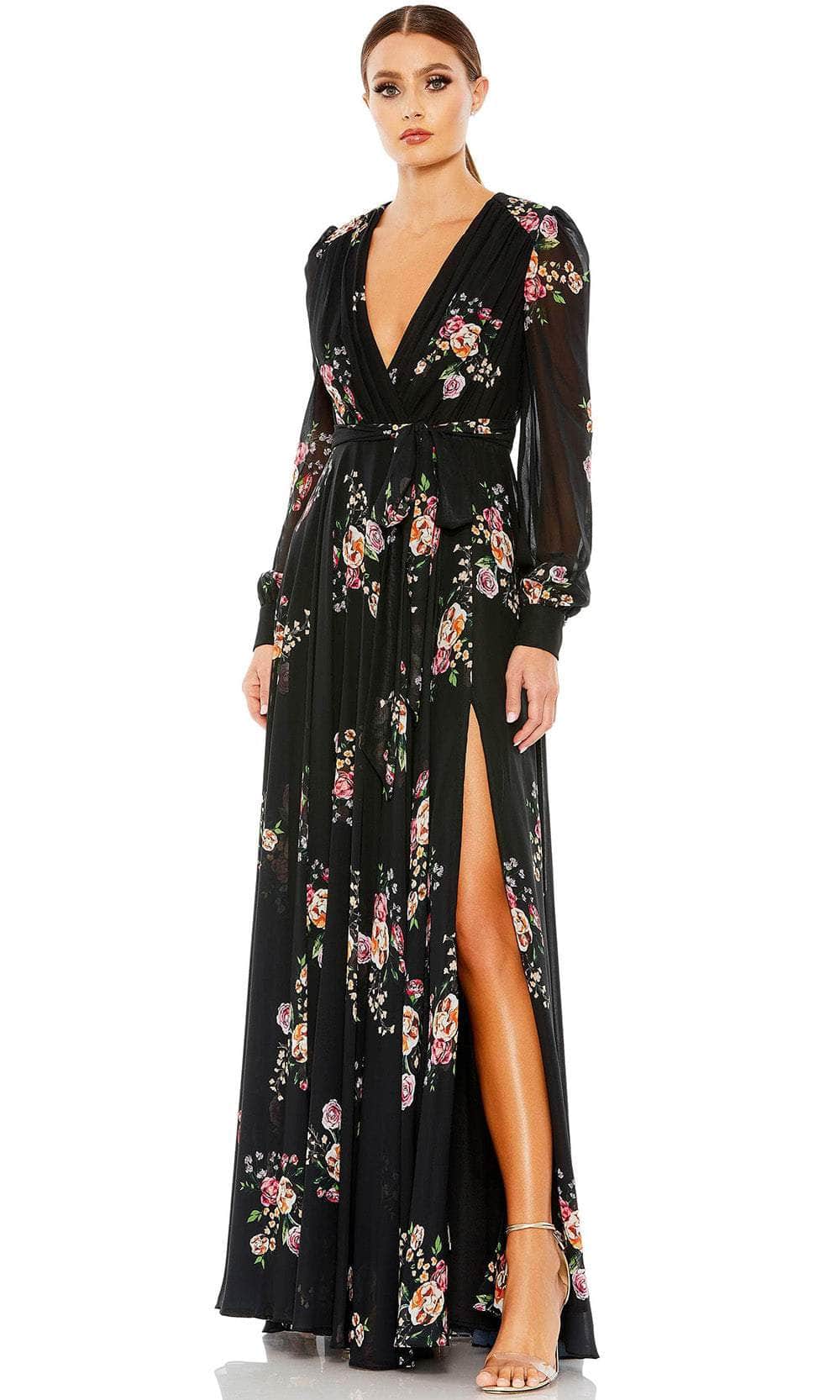 V-Neck Tie Belt Floral Evening Gown