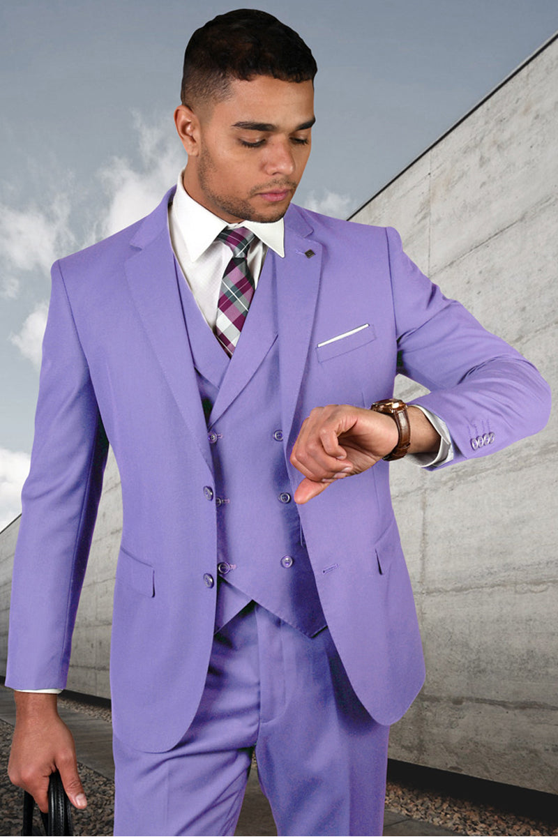 Men’s Designer Modern Fit Double Breasted Vest Wool Wedding Suit in Lavender