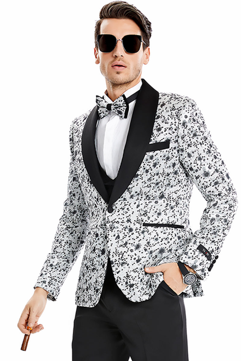 Men’s One Button Vested Shawl Lapel Vintage Splatter Print Prom Tuxedo in Silver Grey