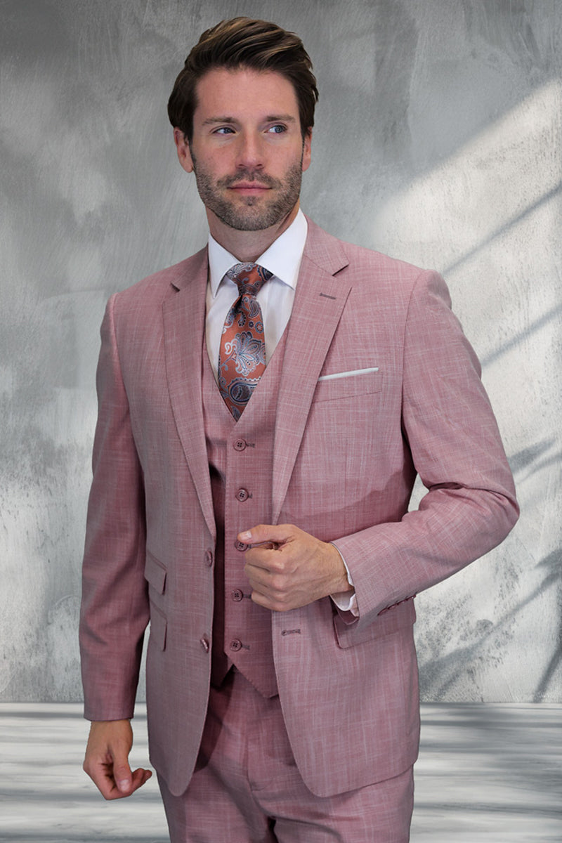 Men’s Designer Two Button Vested Summer Sharkskin Wool Suit in Blush Pink