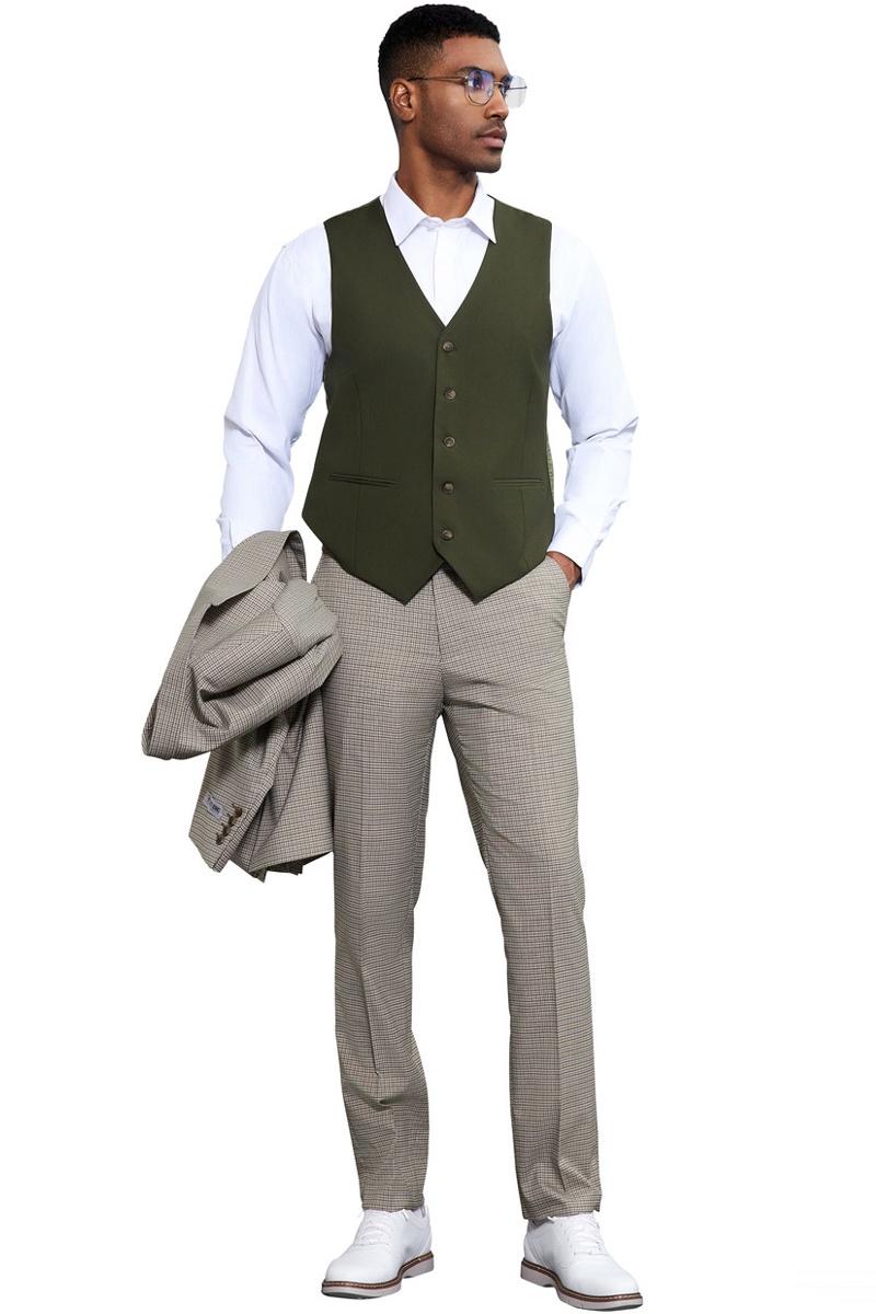 Men’s Stacy Adams One Button Peak Lapel Vested Micro Check in Sage Green with an Olive Green Vest
