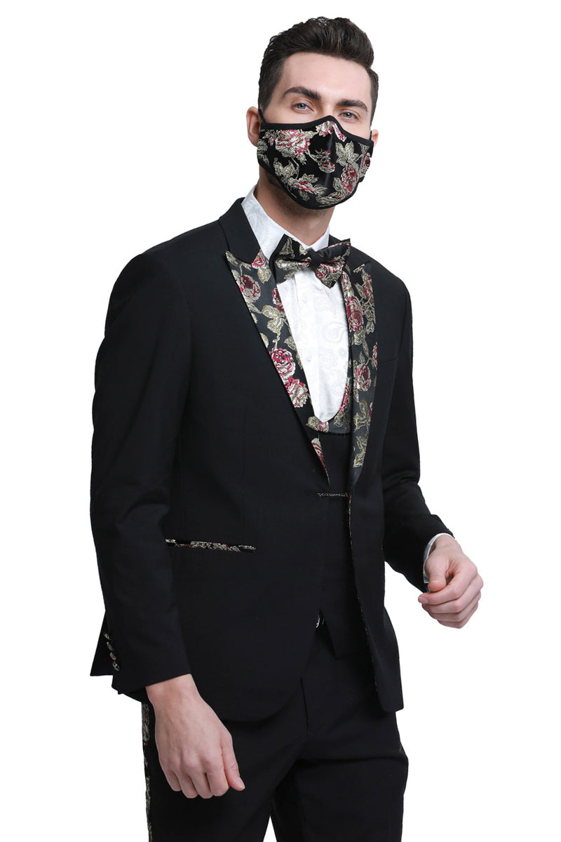 Men’s One Button Vested Prom & Wedding Tuxedo in Black with Floral Peak Lapel