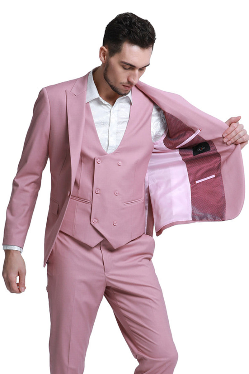 Men’s Slim Fit One Button Peak Lapel Low Cut Double Breasted Vest Wedding Suit in Mauve Pink