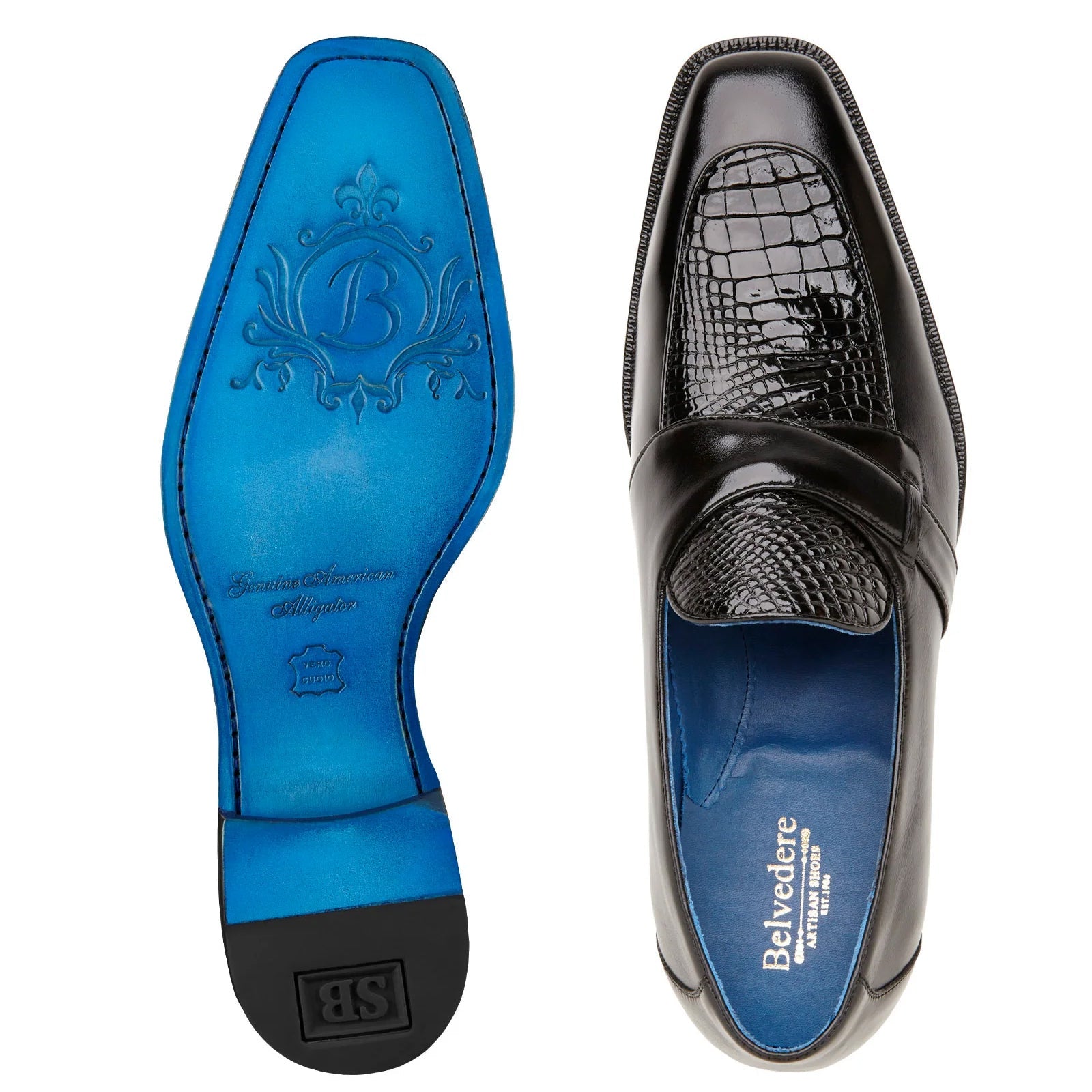 Men’s Belvedere Tornado Alligator & Calfskin Slip On Dress Loafer in Black