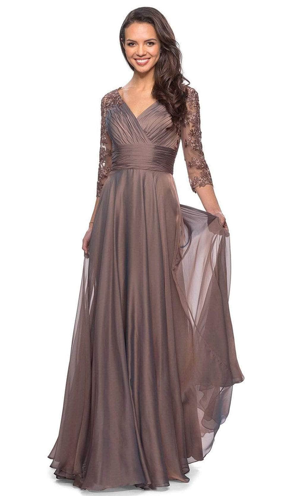 27153 Sheer Lace Quarter Sleeves Empire Waist Chiffon Gown