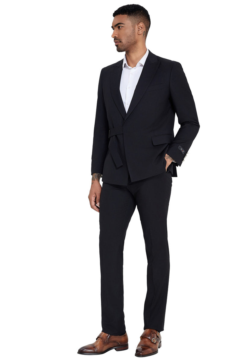 Men’s French Front Peak Lapel Strapped Slim Fit Suit in Black