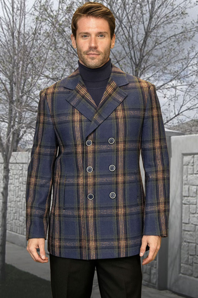 Men’s Designer 100% Wool Winter Peacoat in Blue & Gold Plaid