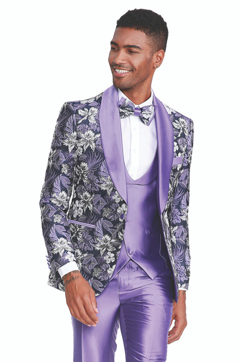 Men’s Slim Fit One Button Vested Paisley Shawl Lapel Prom Tuxedo in Purple
