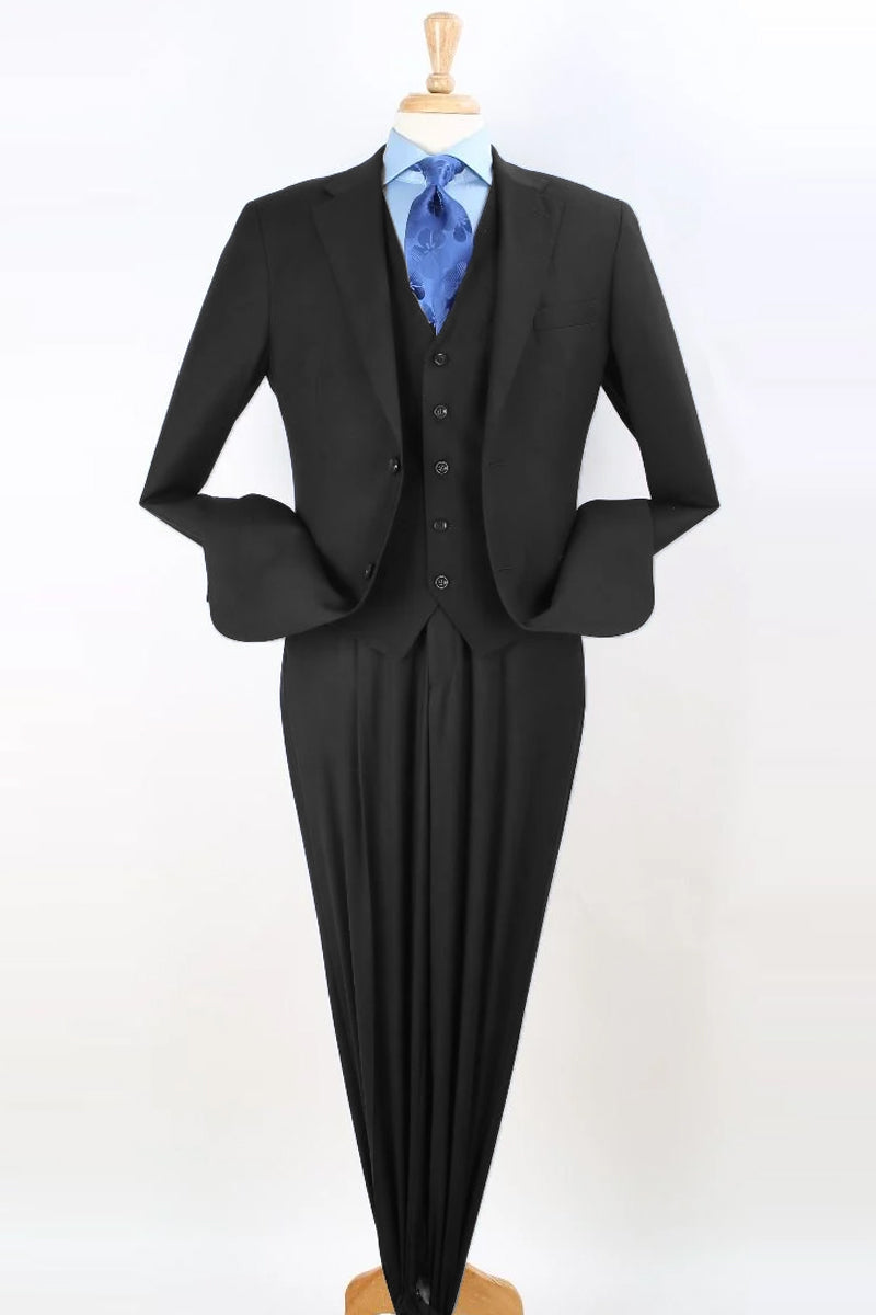 Mens Two Button Pleated Pant Classic Fit Vested Suit in Black
