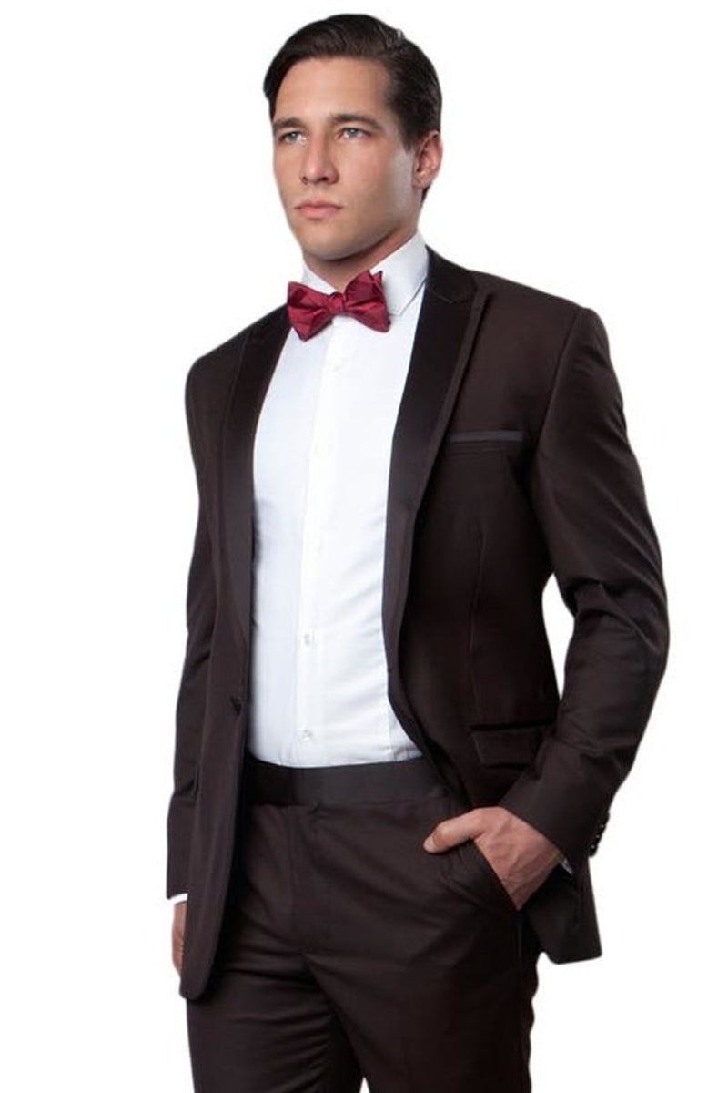 Men’s Slim Fit One Button Satin Trim Peak Lapel Prom & Wedding Tuxedo in Brown