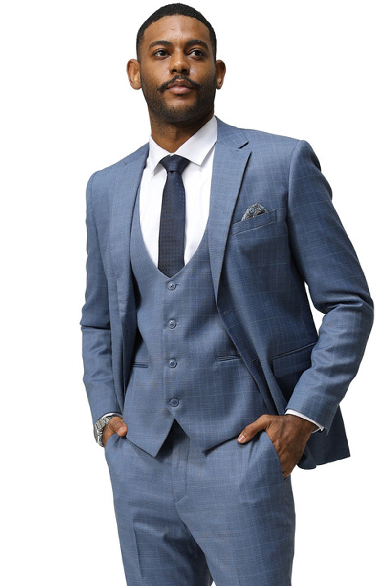 Men’s Modern Fit Two Button Suit with Scoop Vest in Blue Windowpane Plaid