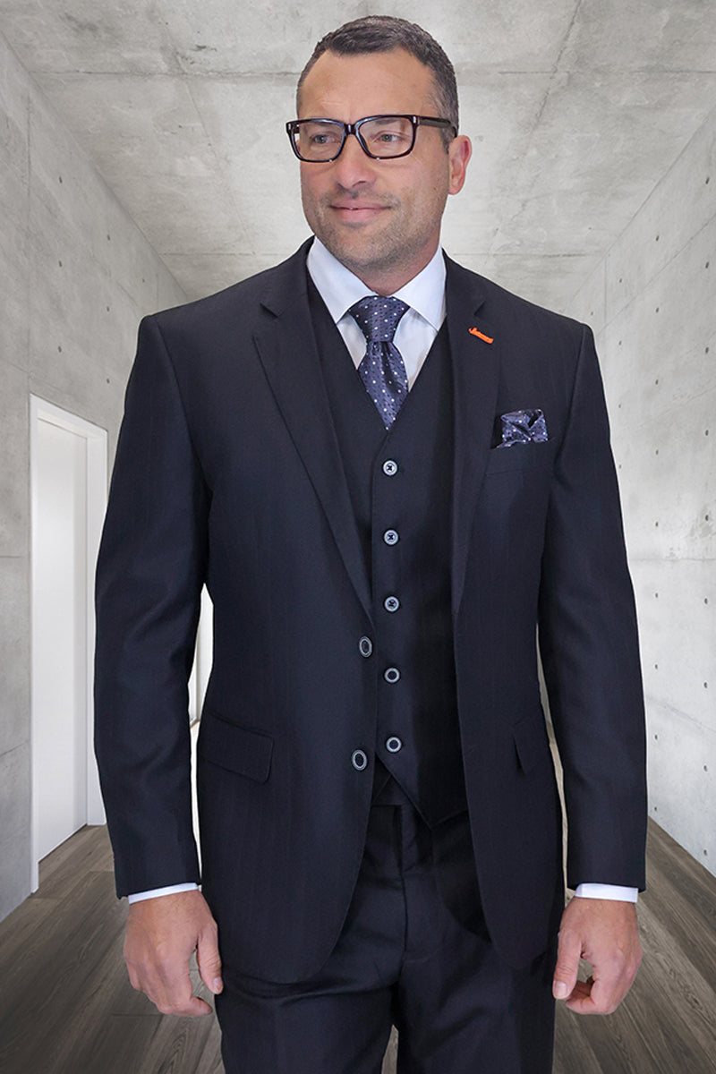 Men’s Designer Modern Fit Vested Wool Suit in Black Herringbone Shadow Pinstripe