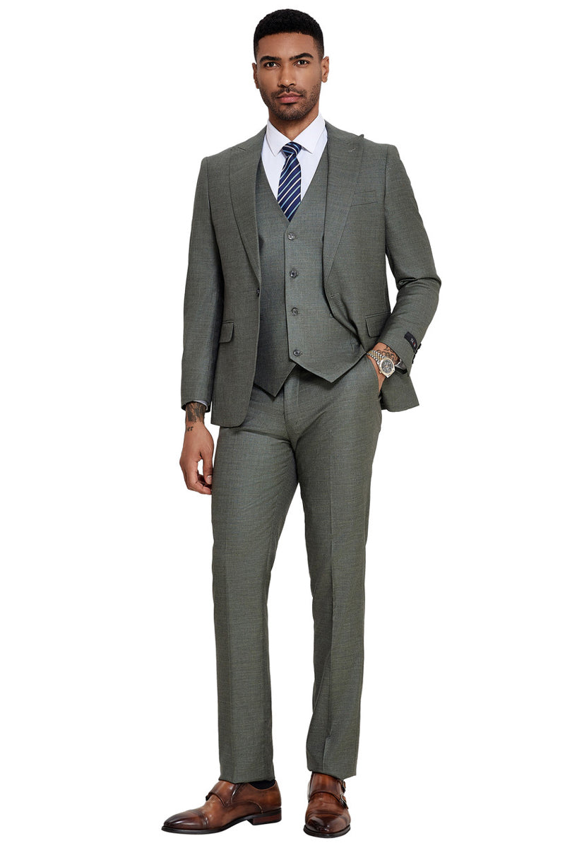 Men’s One Button Wide Peak Lapel Vested Slim Fit Suit in Sage Green