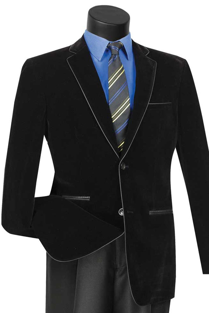Men’s 2 Button Velvet Blazer in Black with Black leather Piping Trim