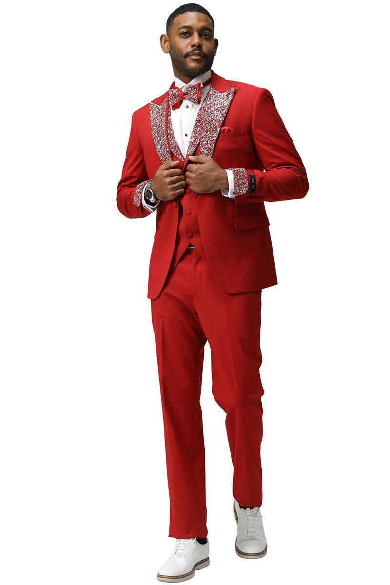 Men’s One Button Rhinestone Peak Lapel Vested Prom Tuxedo in Red
