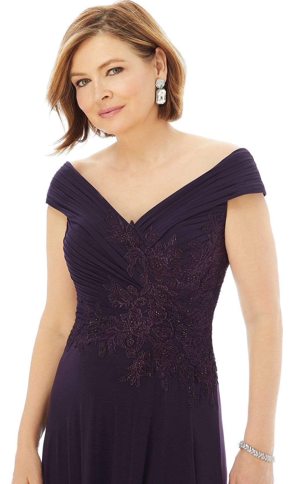 72229 Appliqued Pleated Off Shoulder A-Line Gown