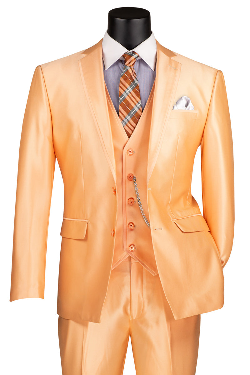 Men’s Vested Slim Fit Shiny Sharkskin Wedding & Prom Tuxedo Suit in Orange