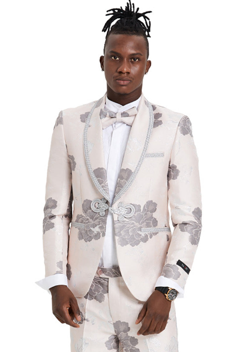 Men’s One Button Vested Shawl Tuxedo in Pink & Silver Paisley with Lace Trim