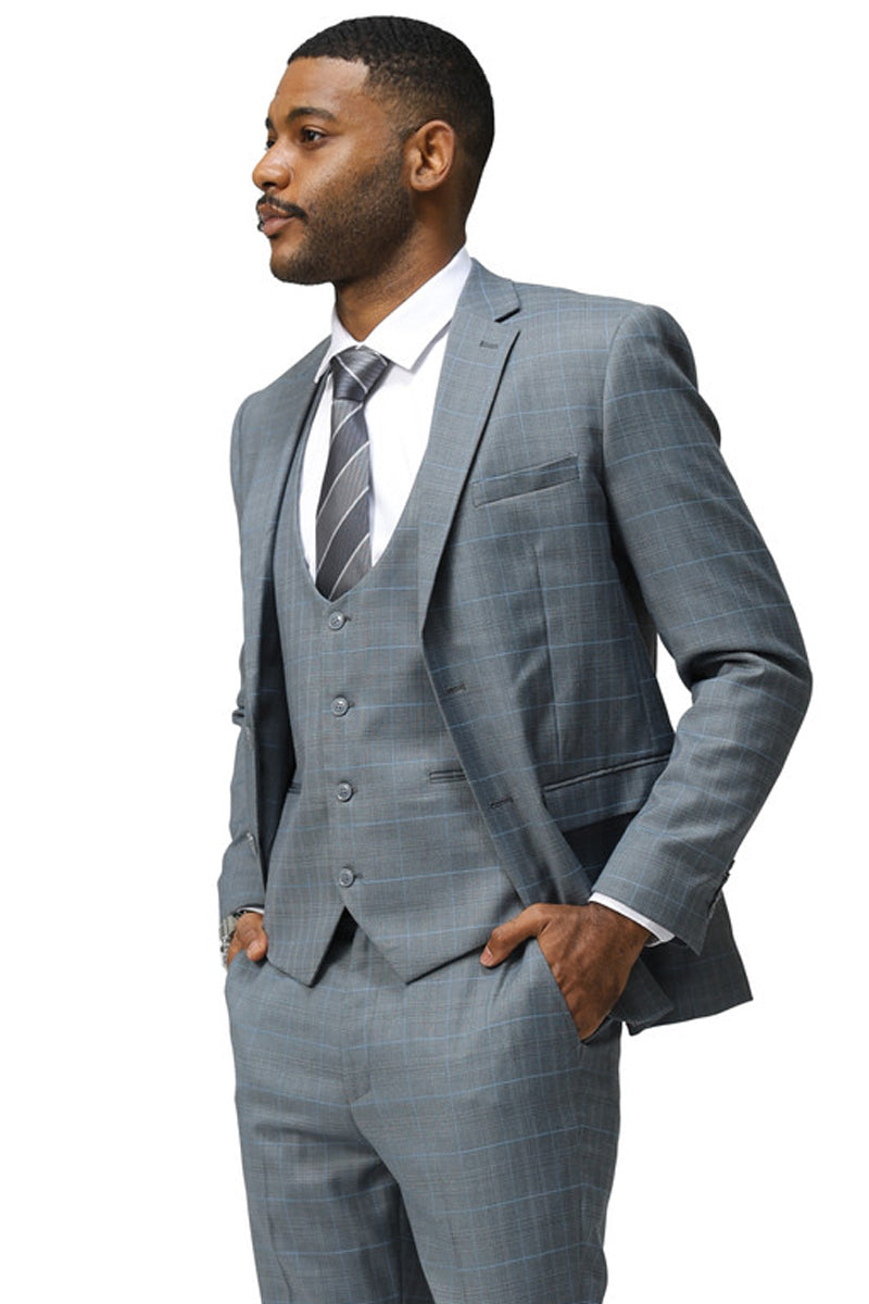 Men’s Modern Fit Two Button Suit with Scoop Vest in Grey Windowpane Plaid