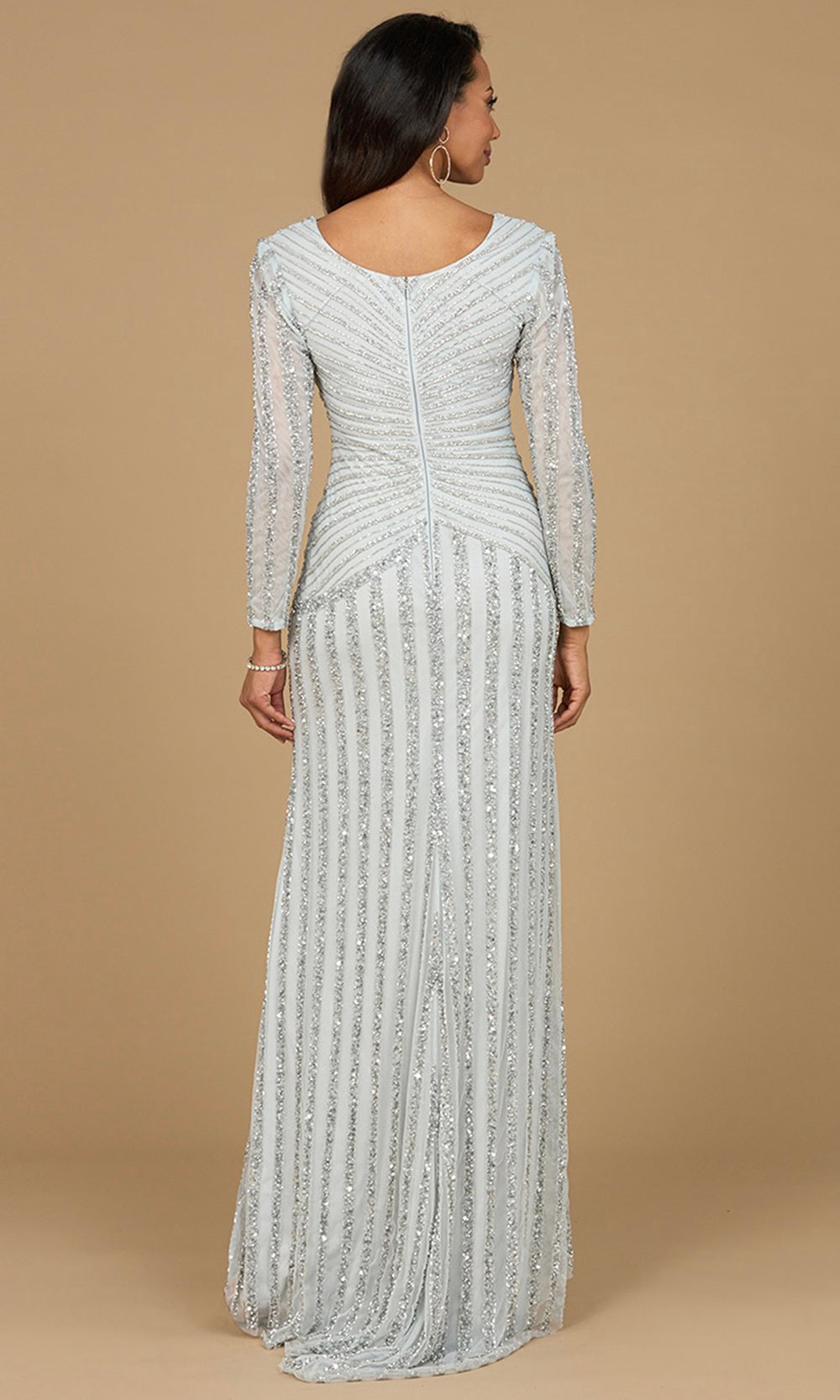 Linear Beaded Long Sleeve Formal Dress